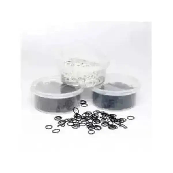 Black rubber plaiting bands scattered with three clear plastic containers of colored beads in a re-usable container with hinged lid