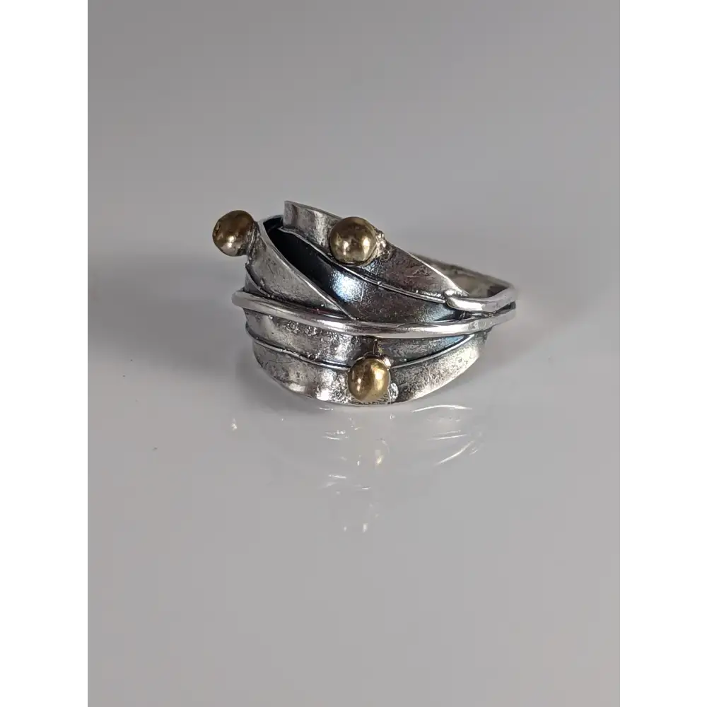 925 Silver Leaves Ring with Brass Buds – Artisan Silver Band Inspired by Nature G Rings