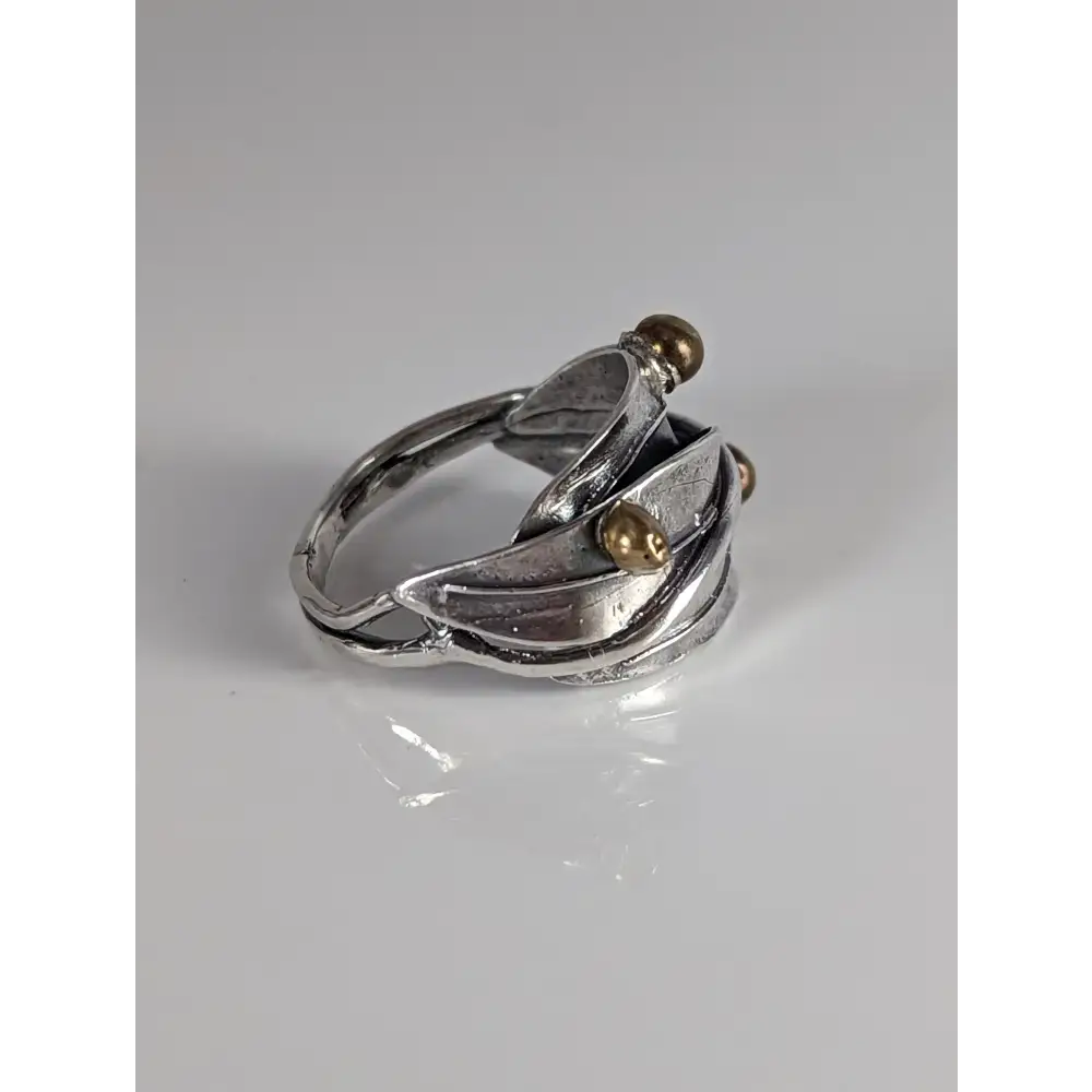 925 Silver Leaves Ring with Brass Buds – Artisan Silver Band Inspired by Nature G Rings