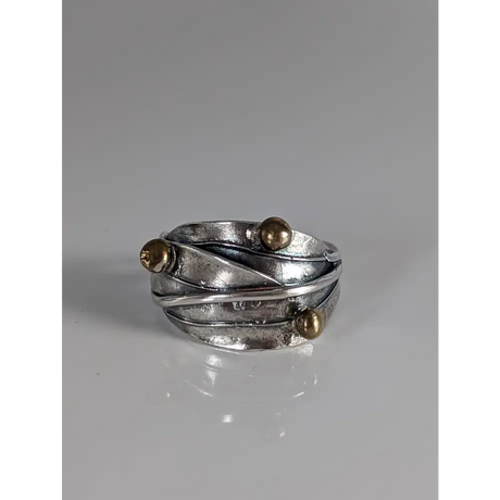 925 Silver Leaves Ring with Brass Buds – Artisan Silver Band Inspired by Nature G Rings