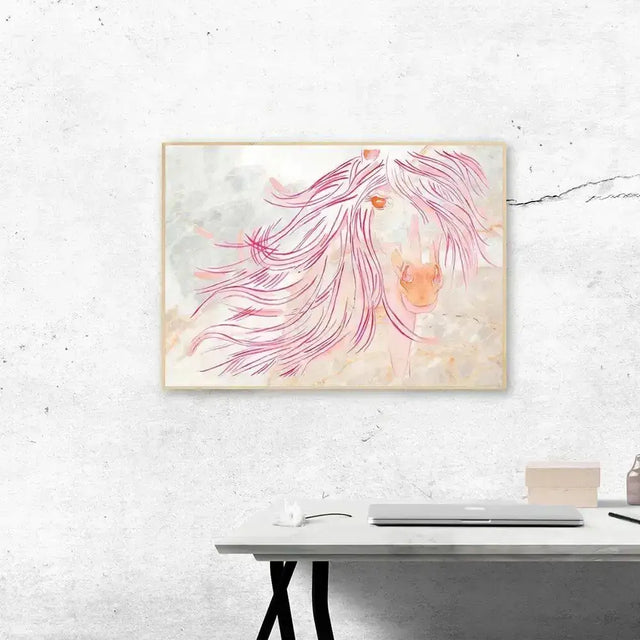 A4 watercolour art prints featuring a horse with a flowing pink mane in warm tones perfect for prints sunset mare decor