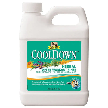 White plastic absorbine cooldown jug with teal herbal label for horse care and after workout horse washes