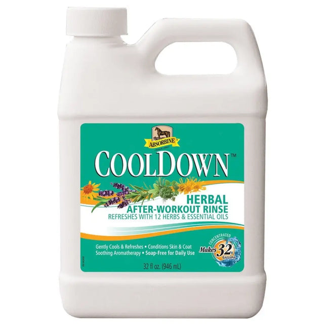 White plastic absorbine cooldown jug with teal herbal label for horse care and after workout horse washes