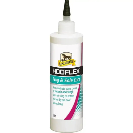 White plastic bottle of absorbine hooflex frog and sole care with black nozzle and teal pink white label for hoof care