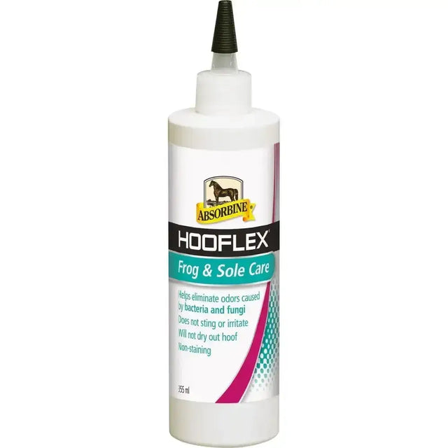 White plastic bottle of absorbine hooflex frog and sole care with black nozzle and teal pink white label for hoof care