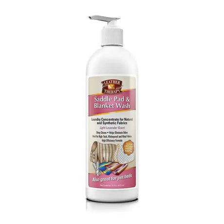 White plastic pump bottle of absorbine leather therapy saddle pad and blanket wash for cleaning therapy saddle pads