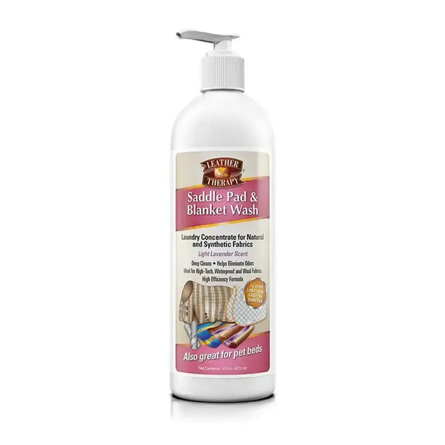 White plastic pump bottle of absorbine leather therapy saddle pad and blanket wash for cleaning therapy saddle pads