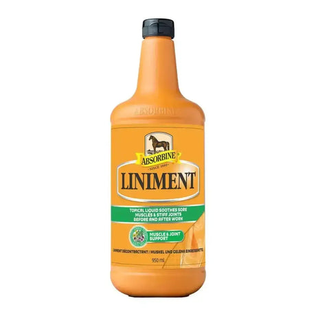 Orange absorbine liniment bottle with black cap features time honoured blend that soothes sore muscles and joints