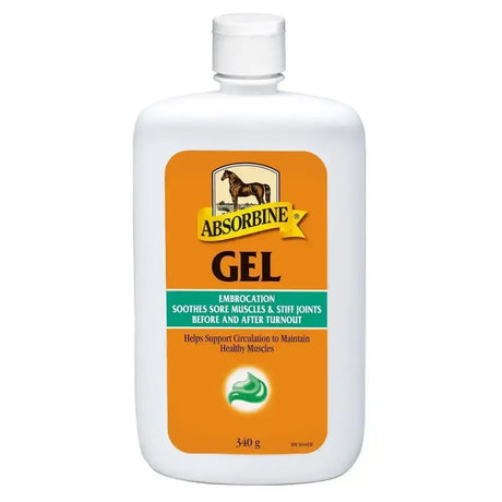 White plastic bottle of absorbine liniment gel with orange label showing horse logo that soothes sore muscles using time honoured blend