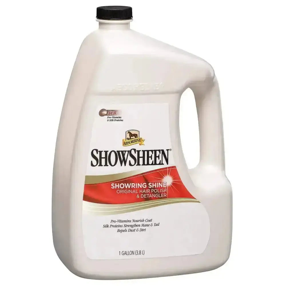 White plastic jug with black cap labeled absorbine showsheen hair polish original hair polish and detangler refill