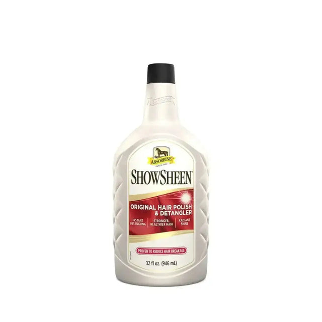 A white textured bottle of absorbine showsheen hair polish with black cap and red label for detangling and shine