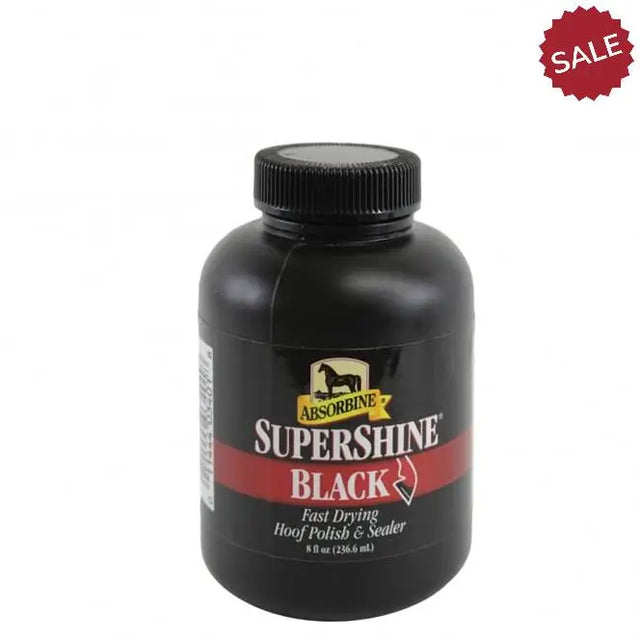 Absorbine supershine hoof pol clr 237ml black polish and sealer in an 8 fl oz bottle with black ribbed cap