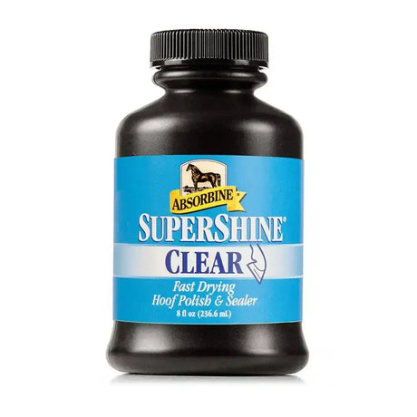 A black plastic bottle of absorbine supershine hoof polish with ribbed cap and blue yellow horse logo label