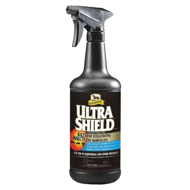 Black plastic absorbine ultrashield 1ltr spray bottle with silver nozzle for insect control on equestrian premises