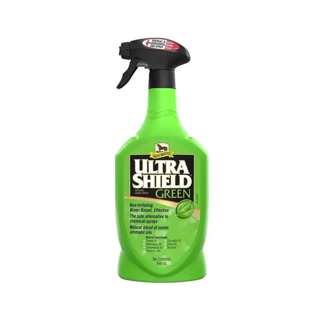Bright green absorbine ultrashield green all natural body spray with black nozzle and fresh herbal aroma for bug protection