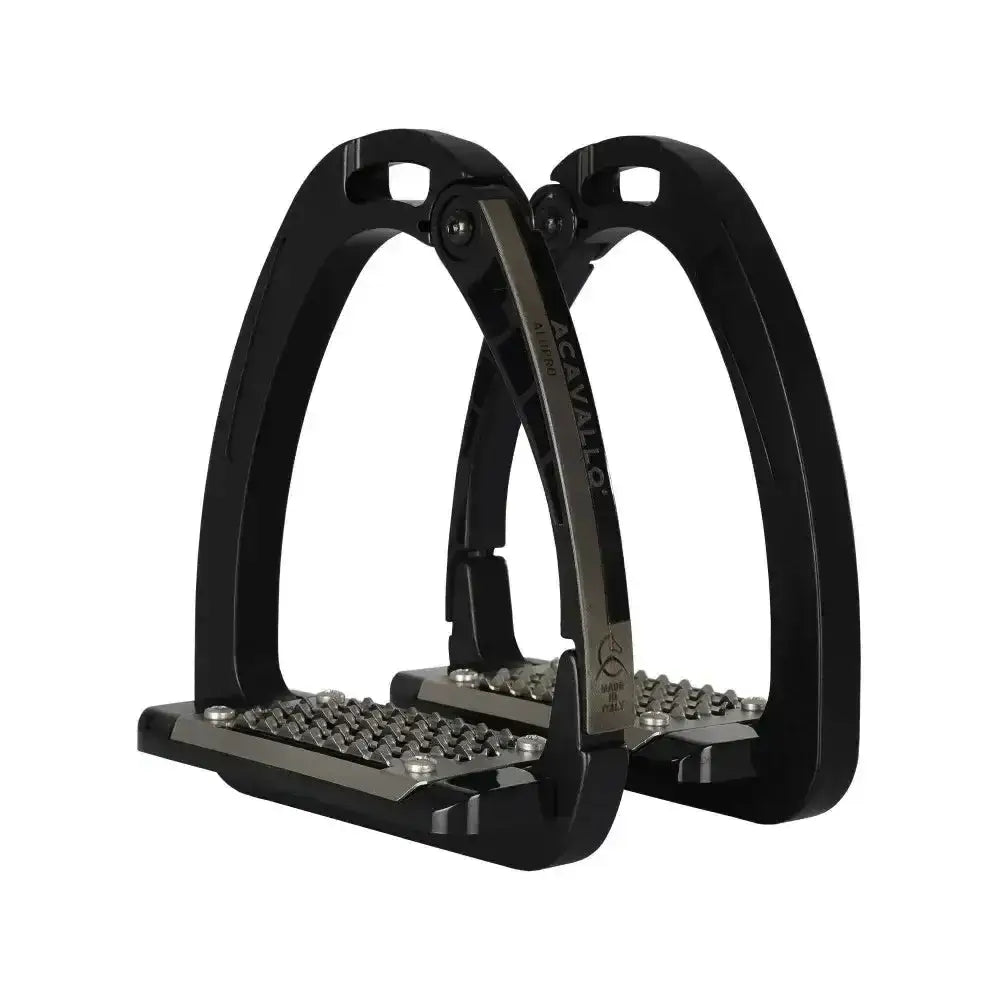 Black metal acavallo arena alupro stirrup with textured grippy surface and stress-actuated locking system visible
