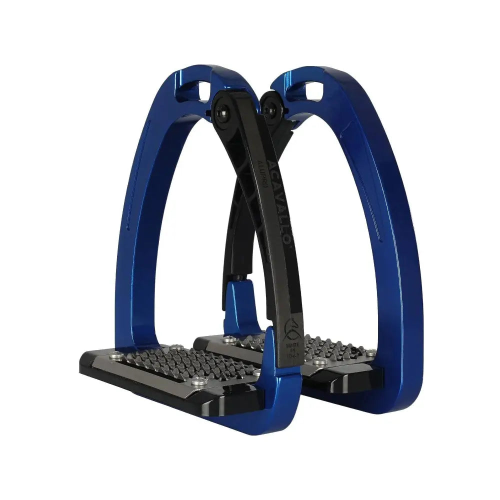 Blue and black metal acavallo arena alupro stirrup with textured grippy footplate and stress actuated locking system