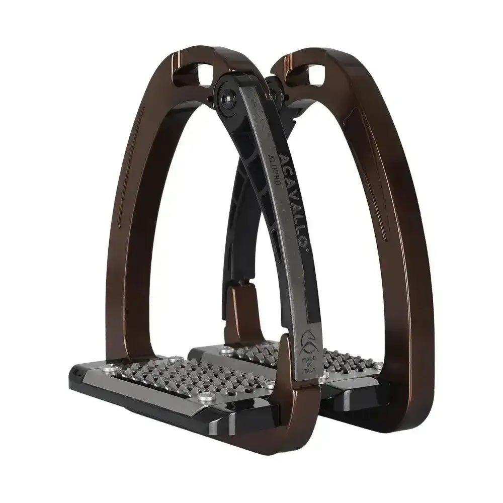 Brown and black metal acavallo arena alupro stirrup with textured non slip footplate and stress actuated locking