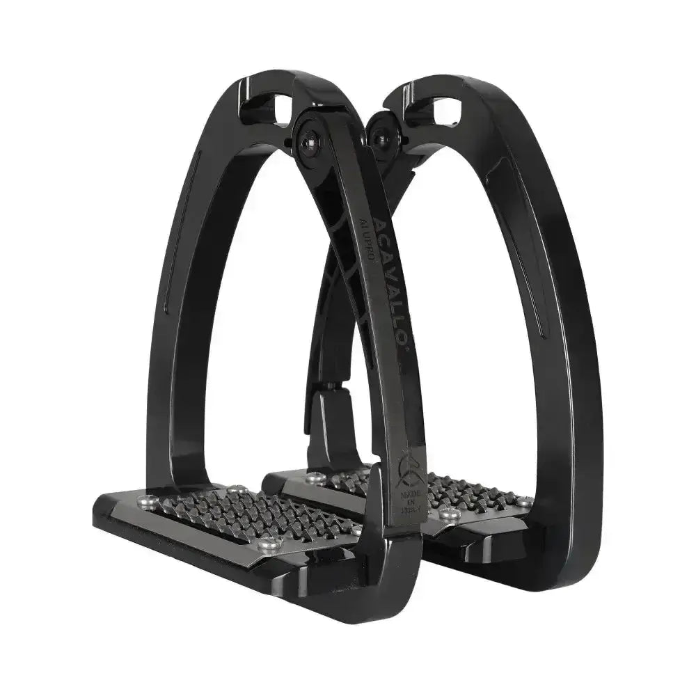Black acavallo arena alupro stirrup with matte metal frame and textured rubber footpads featuring stress-actuated locking