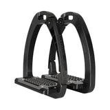 Black acavallo arena alupro stirrup with matte metal frame and textured rubber footpads featuring stress-actuated locking