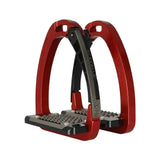 Red and black acavallo arena alupro stirrup with textured grippy footplate and stress-actuated locking design