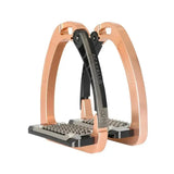 Rose gold and black metal acavallo arena alupro stirrup with textured non slip footplate and stress actuated locking