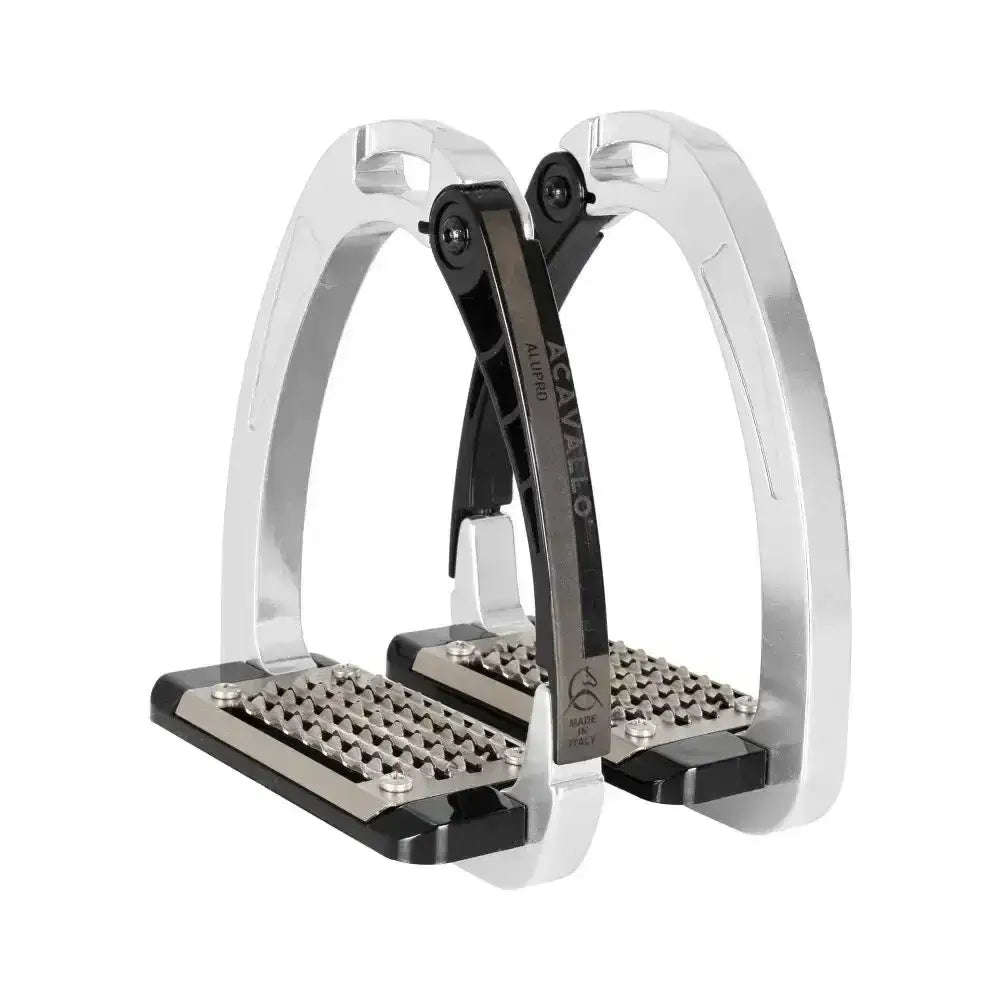 Silver and black aluminum acavallo arena alupro stirrups with textured non slip footpads and stress actuated locking