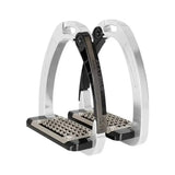 Silver and black aluminum acavallo arena alupro stirrups with textured non slip footpads and stress actuated locking