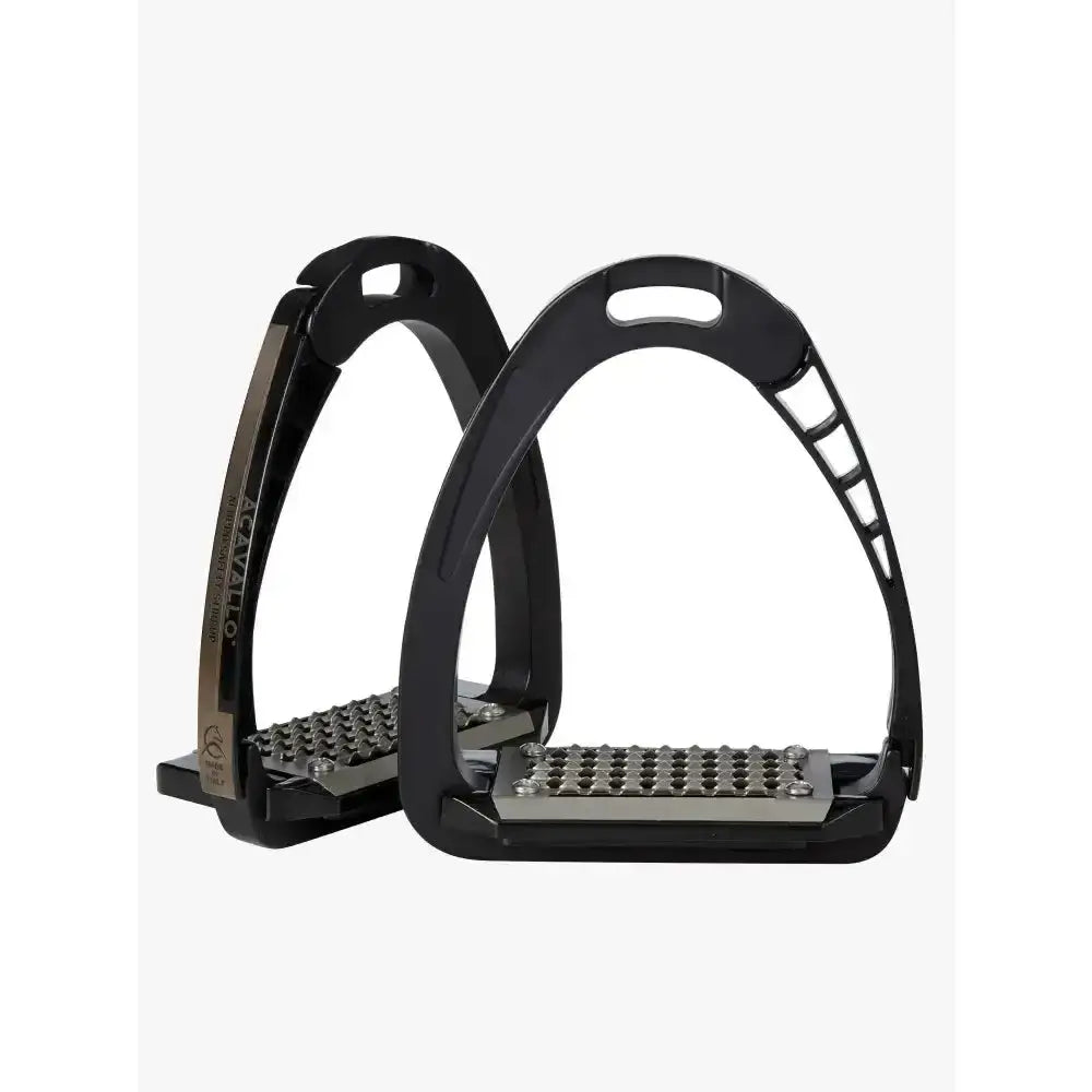 Black and silver acavallo arena alupro stirrup with textured non-slip footplate and stress-actuated locking feature