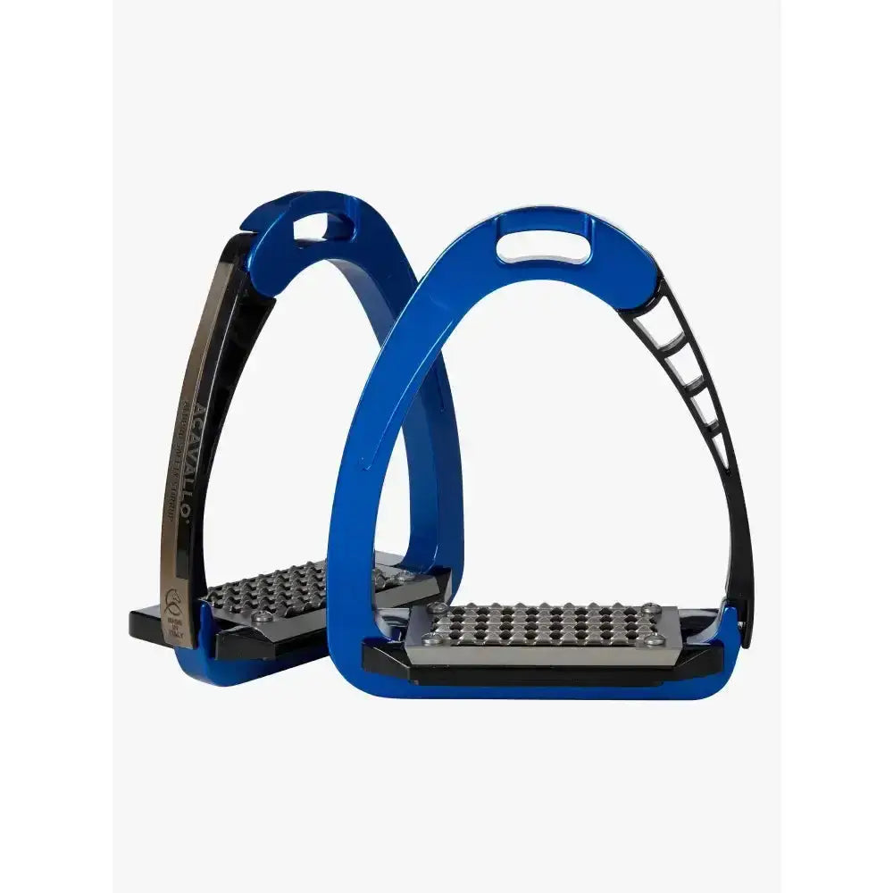 Blue and black acavallo arena alupro stirrup with textured non slip footplate and stress actuated locking design