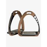 Bronze and black metal acavallo arena alupro stirrup with textured grid footplate and stress-actuated locking mechanism