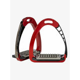 Red and black acavallo arena alupro stirrup with textured metal footplate and stress-actuated locking design