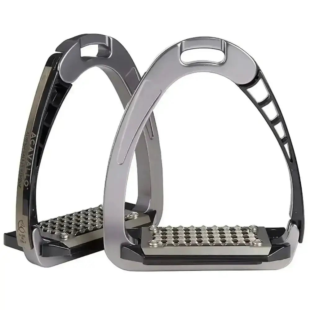 Silver and black acavallo arena alupro stirrup with textured grid-patterned footplate and stress-actuated locking system