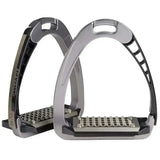 Silver and black acavallo arena alupro stirrup with textured grid-patterned footplate and stress-actuated locking system