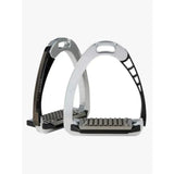 Silver and black acavallo arena alupro stirrup with textured diamond-patterned footplate and stress-actuated locking system