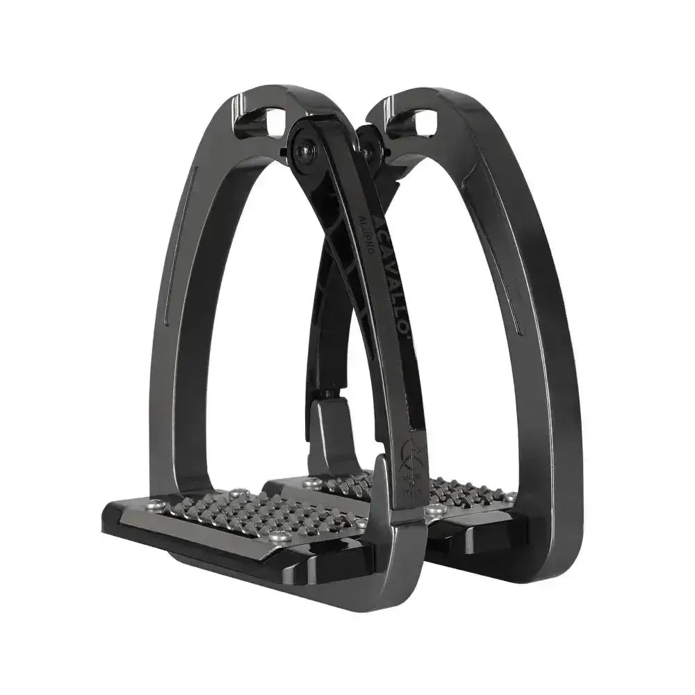 Black metal acavallo arena alupro stirrup with textured non slip footplate and stress actuated locking system