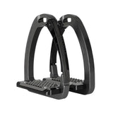 Black metal acavallo arena alupro stirrup with textured non slip footplate and stress actuated locking system