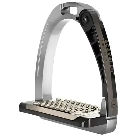 Silver and black acavallo arena junior stirrups with textured diamond pattern footplate for extra grip