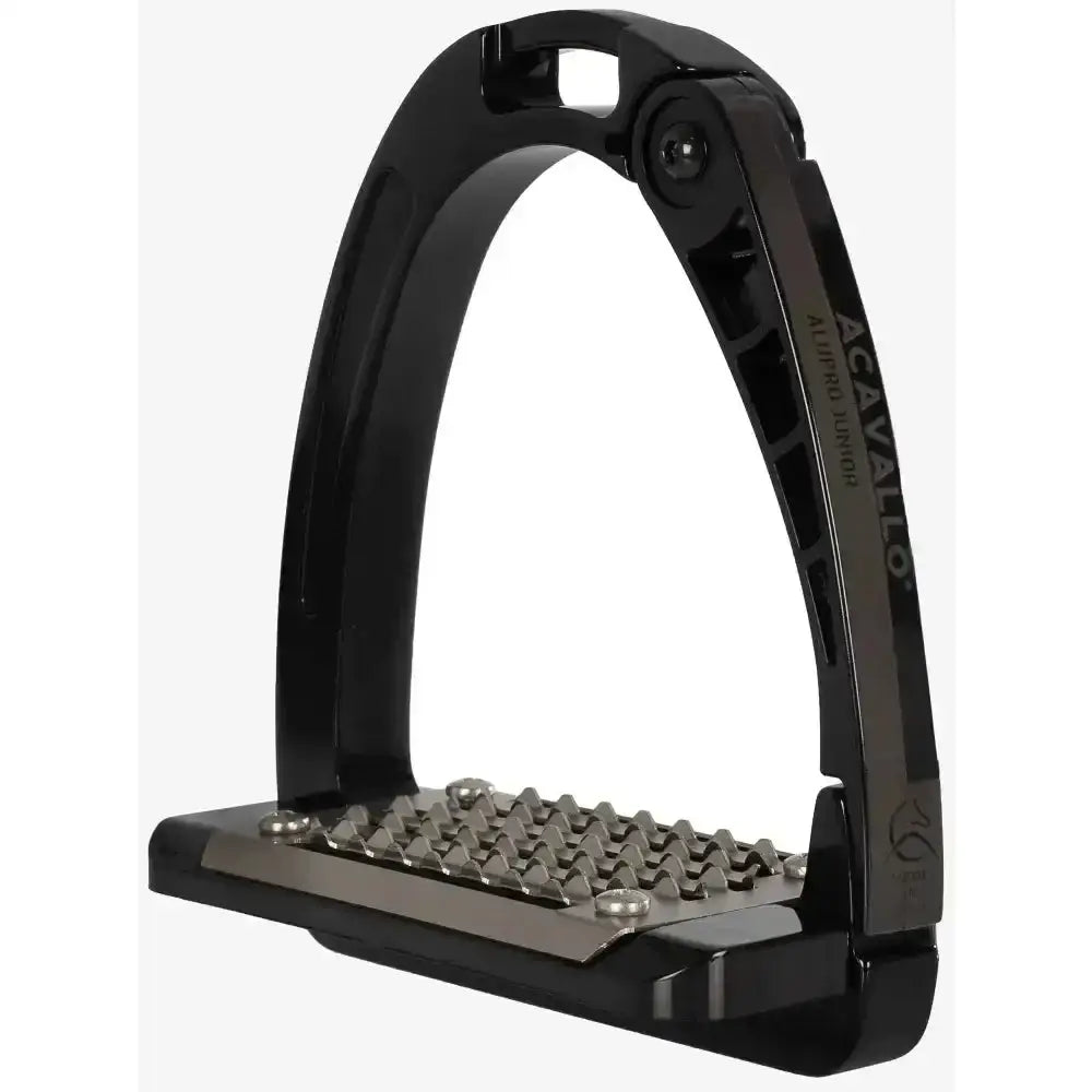 Black acavallo arena junior stirrup with textured metallic footplate and sleek modern design for equestrian use