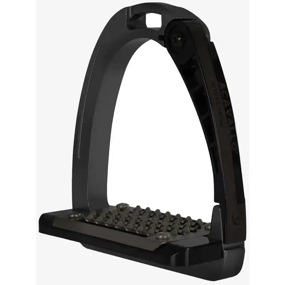 Black plastic acavallo arena junior stirrups with textured non slip footpad and sleek modern design