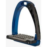 Blue and black acavallo arena junior stirrups with textured silver metal footplate for equestrian use