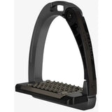 Black metal acavallo arena junior stirrups with textured grip footplate and acavi engraved on side