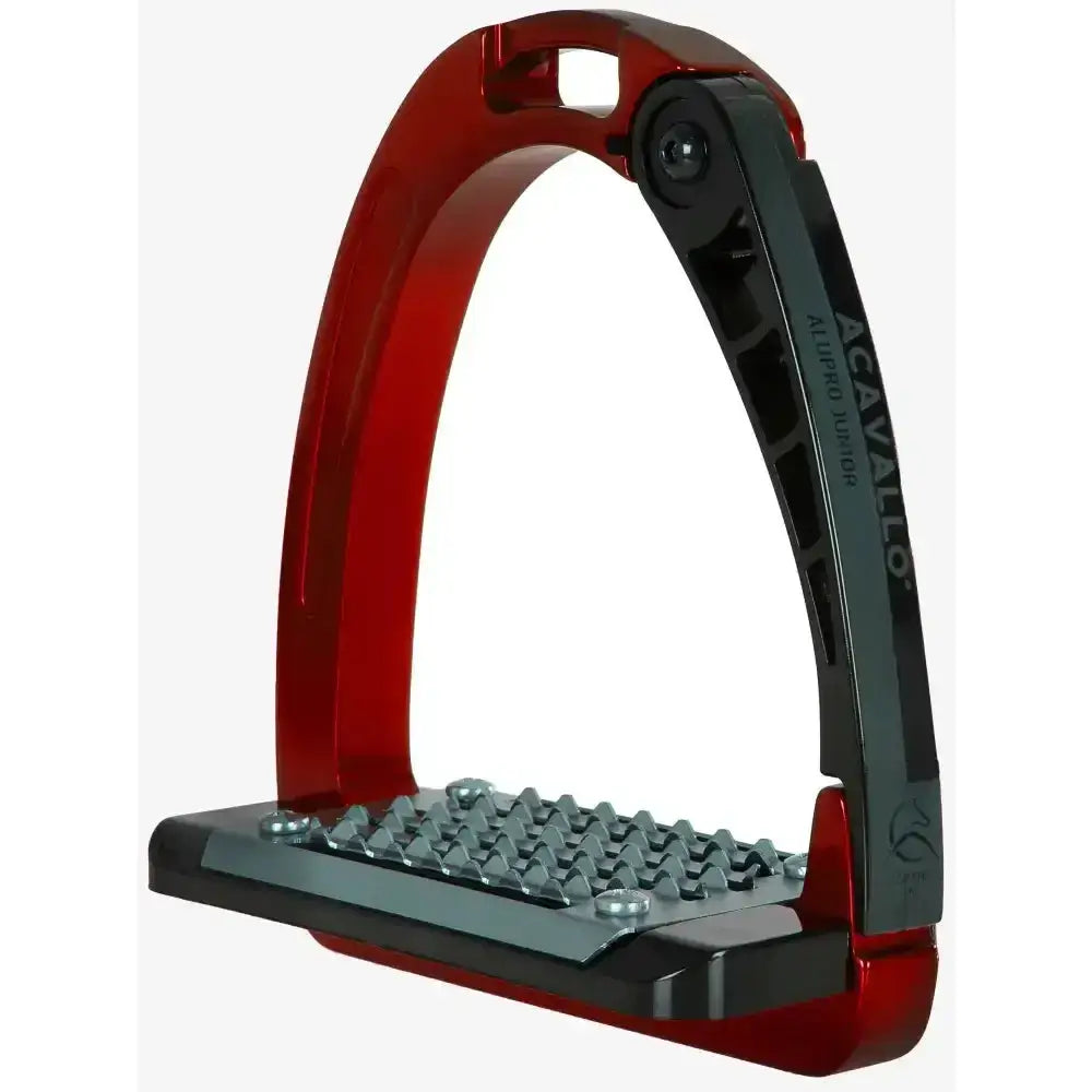 Red and black acavallo arena junior stirrups with textured grippy footplate for better riding control
