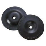 Black circular acavallo gel bit guard side pads with embossed text and central hole for horse bit protection