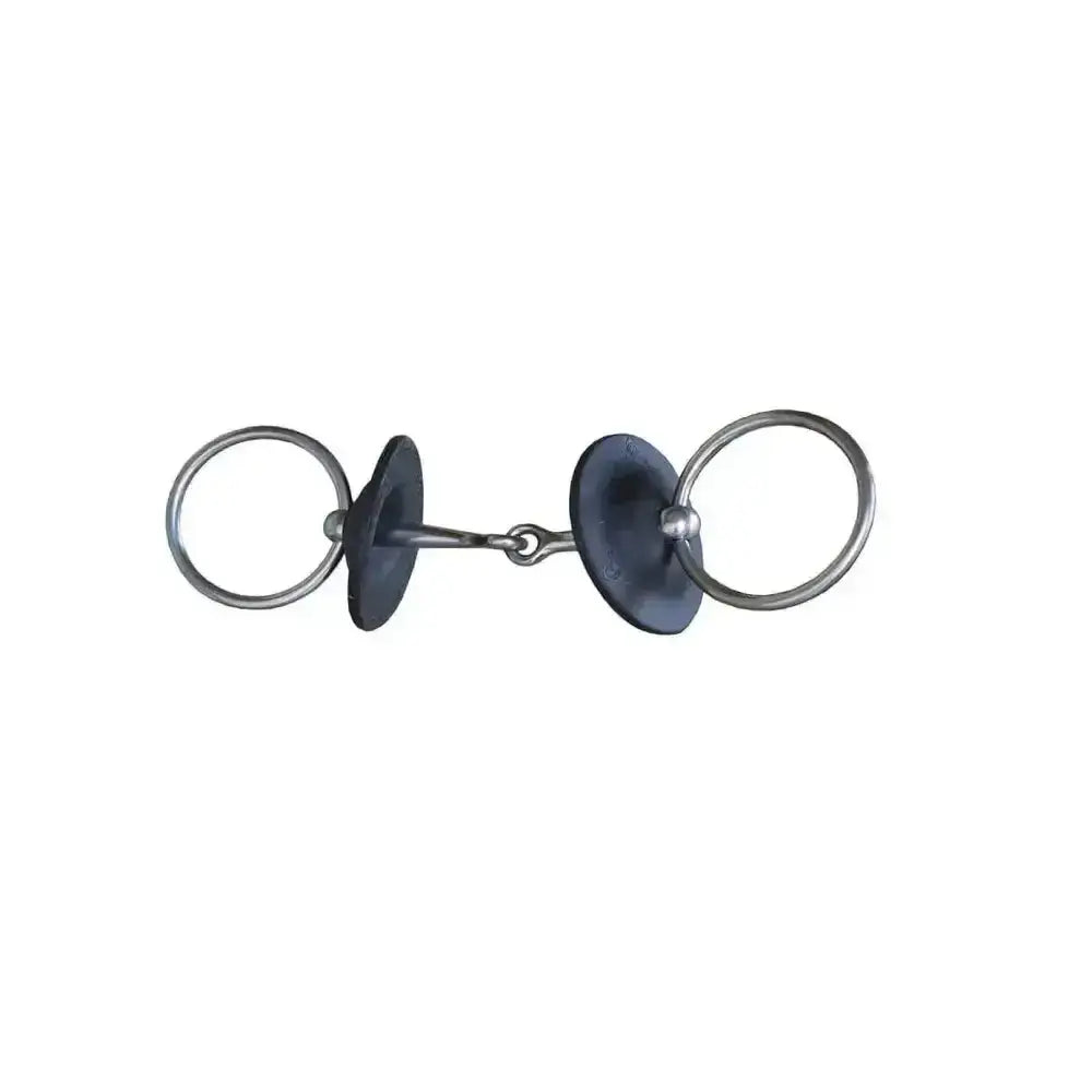 Black rubber coated acavallo gel bit with silver metal rings and central bar gel bit guard for riding control