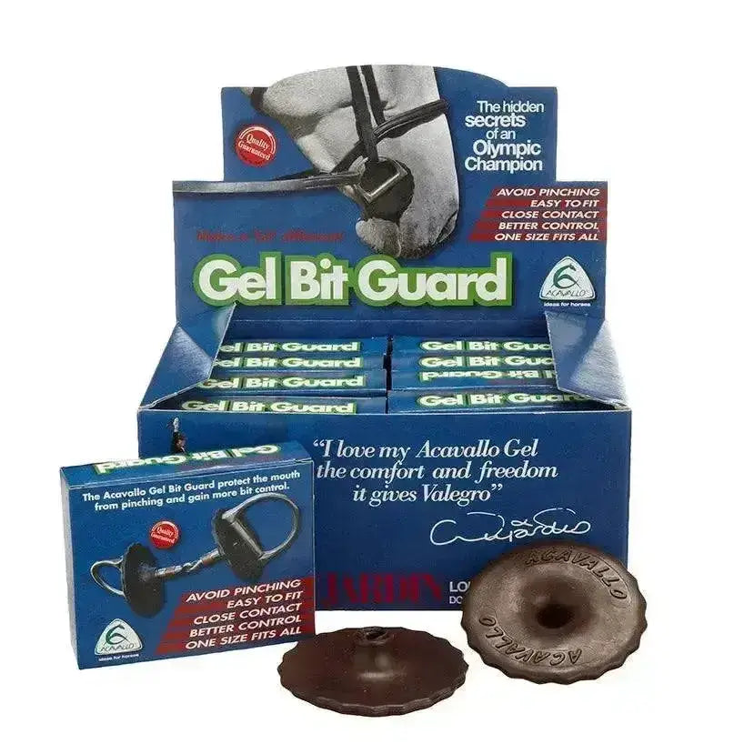 Brown circular acavallo gel bit guard with central hole and embossed branding for gel bit protection