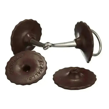 Brown leather acavallo gel bit guard with silver metal mouthpiece and matching gel bit guards pads for horses