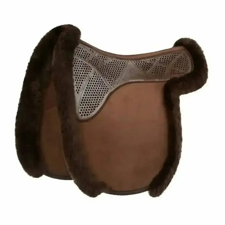 Brown leather acavallo gel-grip showing numnah with dark fur trim and silver perforated panel for versatile use
