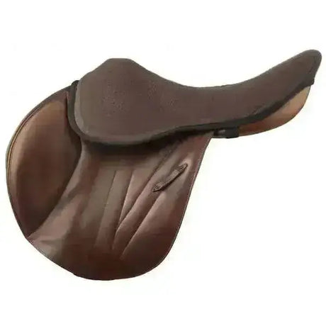 Brown leather english saddle with padded seat and quilted flaps featuring acavallo gel shock absorbing comfort seat savers acavallo