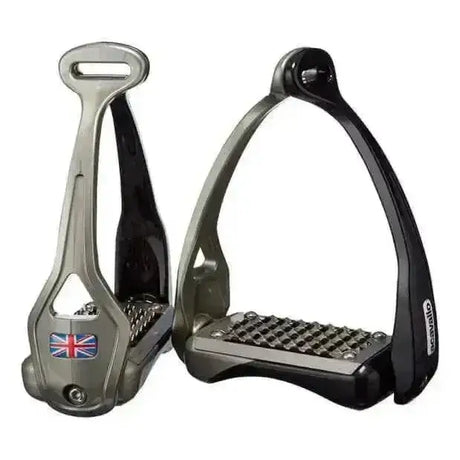 Black and silver acavallo opera stirrup with textured grid footplate and union jack on opera stirrup black toe strap special patented loop